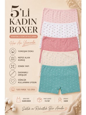 Nicoletta Kadın Boxer Külot 5 Li Paket Pamuklu Likralı Kalpli