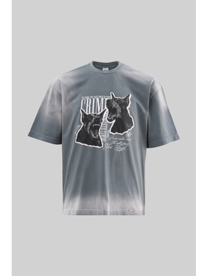Machinist Erkek Dog Printed Oversize Tişört Gri