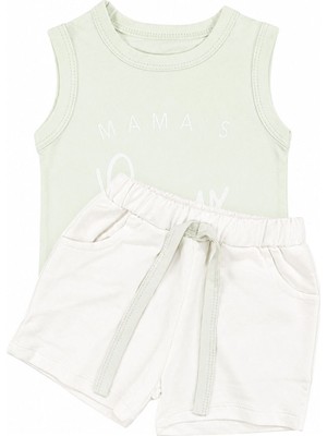 by BebekOdam Erkek Bebek Ekru Yeşil Mamas Boy Yazılı Şortlu 2'li Takım - 1016876