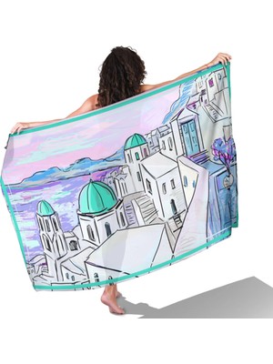 Santorini Dreams Su Yeşili Desen Iç Göstermeyen Saten Pareo