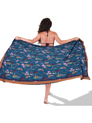 Retro Tropic Mavi Desen Iç Göstermeyen Saten Pareo
