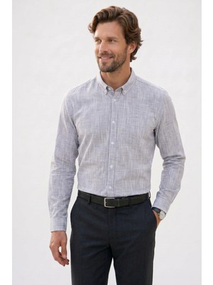 Tudors Erkek Slim Fit Dar Kesim Uzun Kollu %100 Pamuk Keten Efektli Düğmeli Yaka Rahat Gri Gömlek