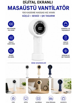 Yussraw 100 Kademe Dijital Ekranlı Mini Masaüstü ve El Fanı USB Şarjlı Taşınabilir El Fanı Ayrılabilir Standlı
