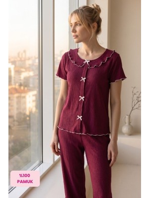 Bie's Kadın Bürümcük Bebe Yaka Fırfır Fiyonk Detaylı Pamuk Penye Mevsimlik Kısa Kol Pijama Takımı