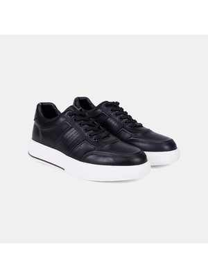 Erkek Siyah Desacomfort Bağcıklı Beyaz Tabanlı Deri Sneaker