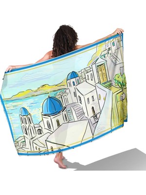 Santorini Dreams Mavi Desen Iç Göstermeyen Saten Pareo