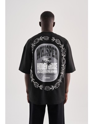 Machinist Erkek Flower Embroidered And Printed Oversize Tişört Siyah
