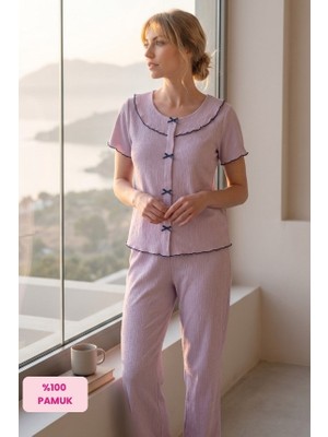 Seamlife Kadın Lila Bürümcük Bebe Yaka Fırfır Fiyonk Detaylı Pamuk Penye Mevsimlik Kısa Kollu Pijama Takımı