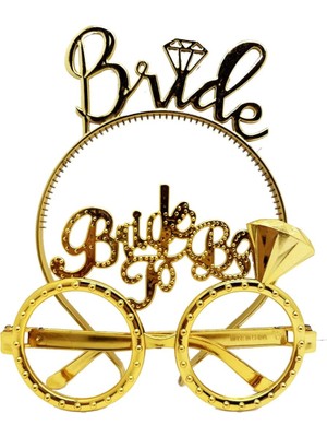 Mudanis Bride Yazılı Taç ve Bride To Be Yazılı Gözlük Seti Altın Renk