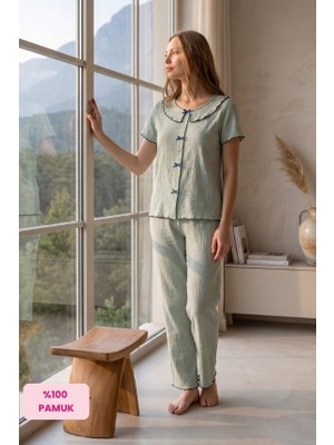 Seamlife Kadın Yeşil Bürümcük Bebe Yaka Fırfır Fiyonk Detaylı Pamuk Penye Mevsimlik Kısa Kollu Pijama Takımı
