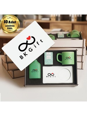 BK Gift Logonuza Özel 10 Adet Kutulu Ahşap Altlıklı Yeşil Fincan & Kolonya &  & Aromalı Kahve Seti – Ahşap Kutulu Kurumsal Hediye Seti