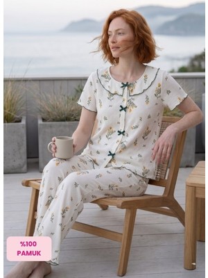 Seamlife Kadın Beyaz Çiçek Desen Bürümcük Bebe Yaka Fırfır Fiyonk Detaylı Pamuk Penye Mevsimlik Kısa Kollu Pijama Takımı