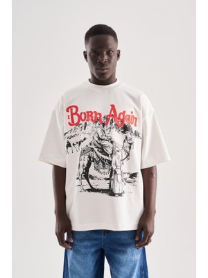 Machinist Erkek Born Again High Printed Oversize Tişört Uzay Grisi
