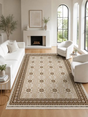 Eko Halı Sateen Afghan Sfg 03 Beige Afgan Desenlerine Sahip Hav Vermeyen Özel Iplerle Dokunan Yıkanabilir ve Özel Kaymaz Tabanlı Sık Dokuma Makine Halısı