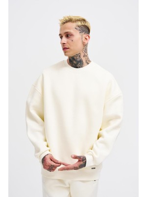 Machinist Erkek Basic Bisiklet Yaka Oversize Sweatshirt Ekru