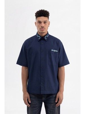 Machinist Erkek Nakışlı Oversize Gömlek Lacivert