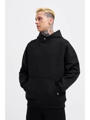 Machinist Erkek Basic Diagonel Kapüşonlu Sweatshirt Siyah