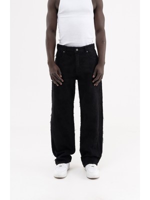 Machinist Erkek Yıpranmış Desenli Baggy Jean Pantolon Siyah