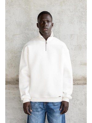 Machinist Erkek Basic Yüksek Yaka Sweatshirt Ekru