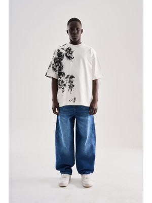 Machinist Erkek Abstract Printed Oversize Tişört Ekru