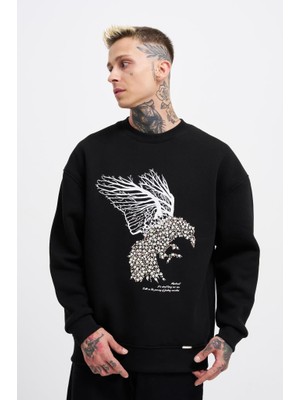 Machinist Erkek Floral Bird Sweatshirt Siyah
