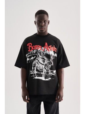 Machinist Erkek Born Again High Printed Oversize Tişört Siyah