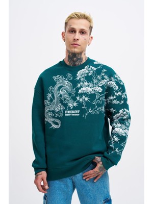 Machinist Erkek Dragon Printed Sweatshirt Yağ Yeşili
