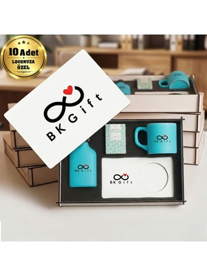 BK Gift Logonuza Özel 10 Adet Kutulu Ahşap Altlıklı Turkuaz Fincan & Kolonya &  & Aromalı Kahve Seti – Ahşap Kutulu Kurumsal Hediye Seti