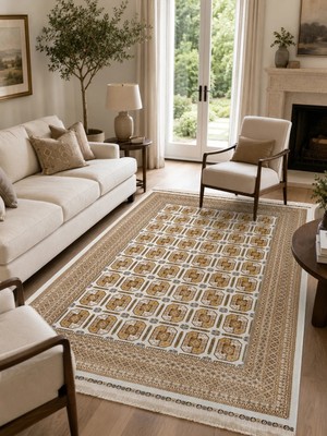 Eko Halı Sateen Afghan Sfg 02 Beige Afgan Desenlerine Sahip Hav Vermeyen Özel Iplerle Dokunan Yıkanabilir ve Özel Kaymaz Tabanlı Sık Dokuma Makine Halısı