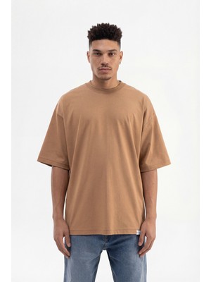Machinist Erkek Basic Super Pamuklu Oversize Tişört Kapuçino