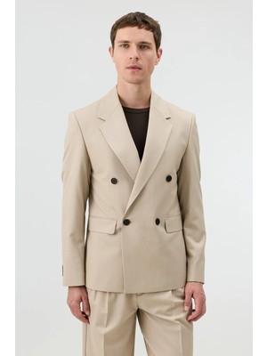Antioch Bej Relaxed Kruvaze Erkek Blazer Ceket