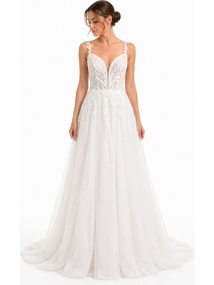 Uretti - Talia 8659 5276 Uzun Gelinlik Ince Askılı Dantel Tül Zarif Nikah Elbisesi - 38-40
