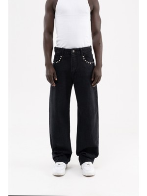Machinist Erkek Studs Embellished Baggy Jean Pantolon Açık Siyah
