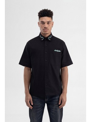 Machinist Erkek Nakışlı Oversize Gömlek Siyah