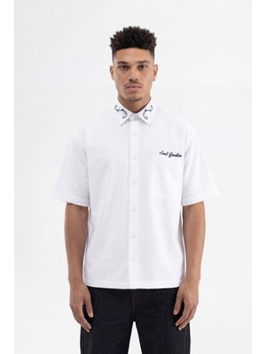 Machinist Erkek Nakışlı Oversize Gömlek Beyaz