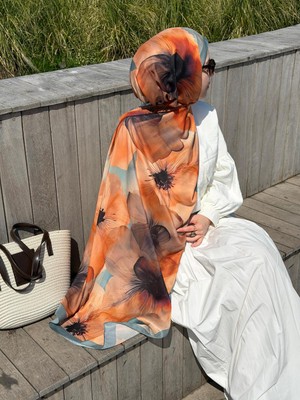 Qalortex Scarf Pamuklu Rosaly Desen Şal-Mint/orange