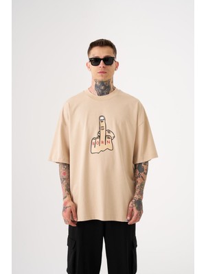 Machinist Erkek Middle Finger Oversiz Tişört Bej
