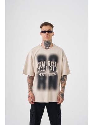 Machinist Erkek Street Style Oversize Tişört Açık Bej