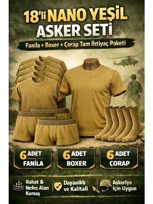 Seher Yıldızı 18’li Nano Yeşil Bedelli Asker Seti – 6 Fanila 6 Boxer 6 Çorap Tam Ihtiyaç Paketi
