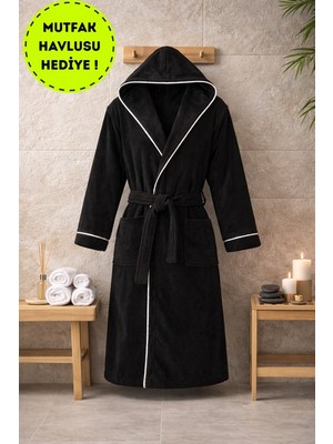 Layvera Unisex Siyah Bornoz %100 Pamuk | Yüksek Kalite, Kapüşonlu ve Biyeli