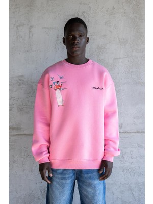 Machinist Erkek Figür Nakışlı Şardonlu Sweatshirt Pembe