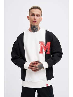 Machinist Erkek M Logo Patchwork Sweatshirt Siyah-Ekru