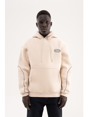 Machinist Erkek Reflektör Detaylı Kapüşonlu Sweatshirt Açık Bej