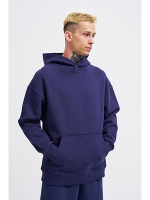 Machinist Erkek Basic Diagonel Kapüşonlu Sweatshirt Gece Mavisi