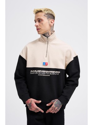 Machinist Erkek Yoke Detail Sweatshirt Siyah-Açık Bej