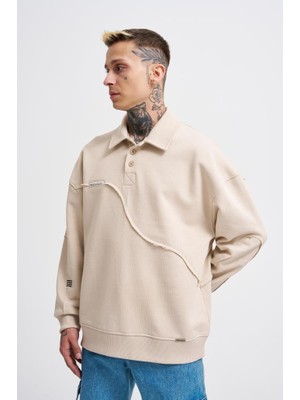 Machinist Erkek Distressed Stitch Polo Sweatshirt Açık Bej