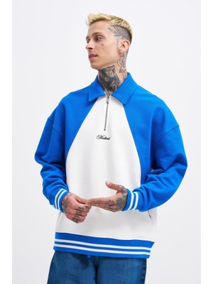 Machinist Erkek Işleme Detaylı Polo Sweatshirt Ekru-Açık Mavi