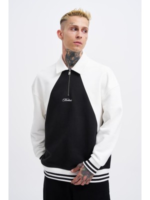 Machinist Erkek Işleme Detaylı Polo Sweatshirt Siyah-Ekru