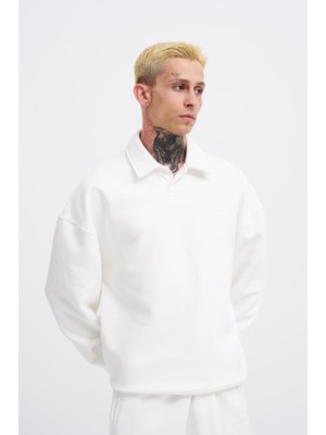 Machinist Erkek Basic Diagonal Polo Sweatshirt Ekru
