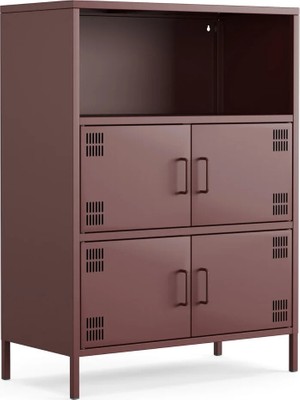Furni 24 Pera Metal Çok Gözlü Dolap, 4 Kapaklı, Açık Raflı 80,50 x 40 x 109,50 cm Ral 3005 Mürdüm